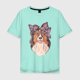 Мужская футболка хлопок Oversize с принтом Собачка  с  бабочками в Белгороде, 100% хлопок | свободный крой, круглый ворот, “спинка” длиннее передней части | бабочки | пес | песик | собака | собачка | щенок