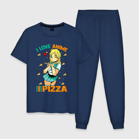 Мужская пижама хлопок с принтом Я люблю аниме и пиццу в Петрозаводске, 100% хлопок | брюки и футболка прямого кроя, без карманов, на брюках мягкая резинка на поясе и по низу штанин
 | Тематика изображения на принте: dish | fast food | food | pizza | products | блюдо | еда | пица | пицца | продукты | фастфуд