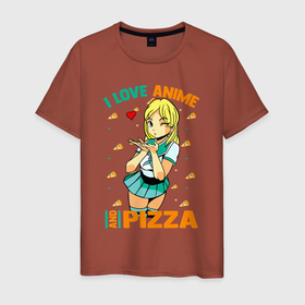 Мужская футболка хлопок с принтом Я люблю аниме и пиццу в Екатеринбурге, 100% хлопок | прямой крой, круглый вырез горловины, длина до линии бедер, слегка спущенное плечо. | dish | fast food | food | pizza | products | блюдо | еда | пица | пицца | продукты | фастфуд