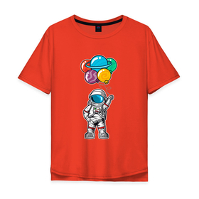Мужская футболка хлопок Oversize с принтом Космонавт с  шариками в Курске, 100% хлопок | свободный крой, круглый ворот, “спинка” длиннее передней части | Тематика изображения на принте: день рождения | космонавт | космос | праздник | праздничный | шарики