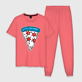 Мужская пижама хлопок с принтом Американская пицца , 100% хлопок | брюки и футболка прямого кроя, без карманов, на брюках мягкая резинка на поясе и по низу штанин
 | dish | fast food | food | pizza | products | блюдо | еда | пица | пицца | продукты | фастфуд