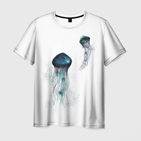 Мужская футболка 3D с принтом Космические медузы , 100% полиэфир | прямой крой, круглый вырез горловины, длина до линии бедер | акварель | вселенная | животное | космос | медуза