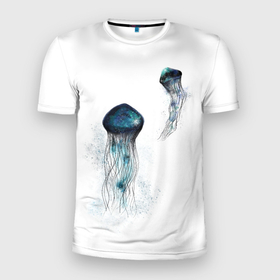 Мужская футболка 3D Slim с принтом Космические медузы в Кировске, 100% полиэстер с улучшенными характеристиками | приталенный силуэт, круглая горловина, широкие плечи, сужается к линии бедра | акварель | вселенная | животное | космос | медуза