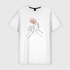 Мужская футболка хлопок Slim с принтом Цветок в руках в Екатеринбурге, 92% хлопок, 8% лайкра | приталенный силуэт, круглый вырез ворота, длина до линии бедра, короткий рукав | 9 мая | гвоздика | контур | победа | руки | цветок