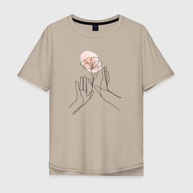 Мужская футболка хлопок Oversize с принтом Цветок в руках в Петрозаводске, 100% хлопок | свободный крой, круглый ворот, “спинка” длиннее передней части | 9 мая | гвоздика | контур | победа | руки | цветок