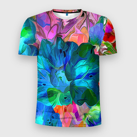 Мужская футболка 3D Slim с принтом Красочный цветочный паттерн в Курске, 100% полиэстер с улучшенными характеристиками | приталенный силуэт, круглая горловина, широкие плечи, сужается к линии бедра | fashion | flowers | pattern | petal | лепесток | мода | паттерн | цветы