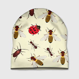 Шапка 3D с принтом НАСЕКОМЫЕ БОЖЬИ КОРОВКИ ЖУКИ МУРАВЬИ ПЧЕЛЫ в Санкт-Петербурге, 100% полиэстер | универсальный размер, печать по всей поверхности изделия | ant bee | beetle | insect | ladybug | божья коровка | жук | муравей пчела | насекомое