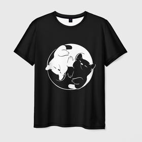 Мужская футболка 3D с принтом Инь Янь   котики , 100% полиэфир | прямой крой, круглый вырез горловины, длина до линии бедер | Тематика изображения на принте: животные | инь янь | кот | котенок | котики | котята | кошка | кошки | черно белое