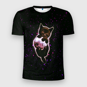 Мужская футболка 3D Slim с принтом Котенок в космосе   звезды неон в Курске, 100% полиэстер с улучшенными характеристиками | приталенный силуэт, круглая горловина, широкие плечи, сужается к линии бедра | животные | звезды | космос | кот | кот в космосе | котенок | котенок в космосе | кошка | небо | неон | ночь