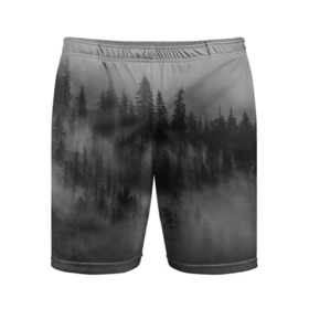 Мужские шорты спортивные с принтом Туманный лес   природа в Белгороде,  |  | forest | деревья | дым | лес | мрачный лес | природа | туман | туманный лес