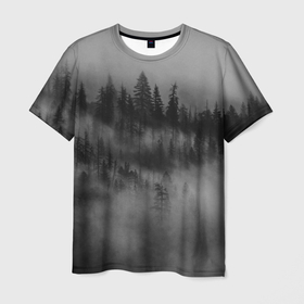 Мужская футболка 3D с принтом Туманный лес   природа в Санкт-Петербурге, 100% полиэфир | прямой крой, круглый вырез горловины, длина до линии бедер | forest | деревья | дым | лес | мрачный лес | природа | туман | туманный лес