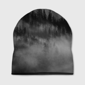 Шапка 3D с принтом Туманный лес   природа в Тюмени, 100% полиэстер | универсальный размер, печать по всей поверхности изделия | forest | деревья | дым | лес | мрачный лес | природа | туман | туманный лес