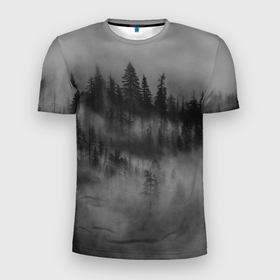 Мужская футболка 3D Slim с принтом Туманный лес   природа в Петрозаводске, 100% полиэстер с улучшенными характеристиками | приталенный силуэт, круглая горловина, широкие плечи, сужается к линии бедра | forest | деревья | дым | лес | мрачный лес | природа | туман | туманный лес