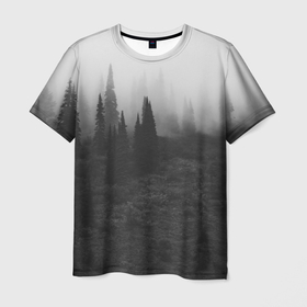 Мужская футболка 3D с принтом Туманный лес   туман в Санкт-Петербурге, 100% полиэфир | прямой крой, круглый вырез горловины, длина до линии бедер | forest | деревья | дым | лес | мрачный лес | природа | туман | туманный лес