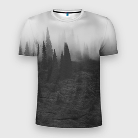 Мужская футболка 3D Slim с принтом Туманный лес   туман в Петрозаводске, 100% полиэстер с улучшенными характеристиками | приталенный силуэт, круглая горловина, широкие плечи, сужается к линии бедра | forest | деревья | дым | лес | мрачный лес | природа | туман | туманный лес