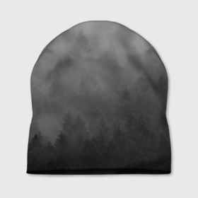 Шапка 3D с принтом Темный лес   туман в Санкт-Петербурге, 100% полиэстер | универсальный размер, печать по всей поверхности изделия | Тематика изображения на принте: forest | деревья | дым | лес | мрачный лес | природа | туман | туманный лес
