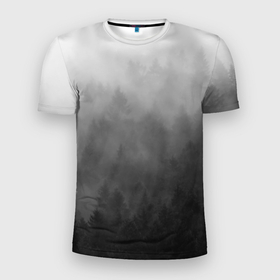 Мужская футболка 3D Slim с принтом Темный лес   туман в Белгороде, 100% полиэстер с улучшенными характеристиками | приталенный силуэт, круглая горловина, широкие плечи, сужается к линии бедра | forest | деревья | дым | лес | мрачный лес | природа | туман | туманный лес
