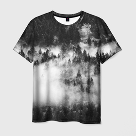 Мужская футболка 3D с принтом Мрачный лес   туман в Санкт-Петербурге, 100% полиэфир | прямой крой, круглый вырез горловины, длина до линии бедер | forest | деревья | дым | лес | мрачный лес | природа | туман | туманный лес