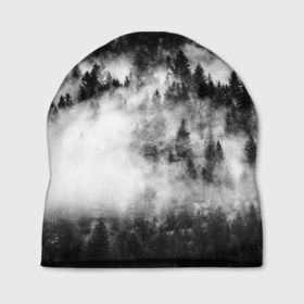 Шапка 3D с принтом Мрачный лес   туман в Тюмени, 100% полиэстер | универсальный размер, печать по всей поверхности изделия | forest | деревья | дым | лес | мрачный лес | природа | туман | туманный лес