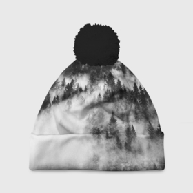 Шапка 3D c помпоном с принтом Мрачный лес   туман в Петрозаводске, 100% полиэстер | универсальный размер, печать по всей поверхности изделия | Тематика изображения на принте: forest | деревья | дым | лес | мрачный лес | природа | туман | туманный лес