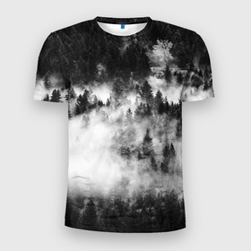 Мужская футболка 3D Slim с принтом Мрачный лес   туман в Белгороде, 100% полиэстер с улучшенными характеристиками | приталенный силуэт, круглая горловина, широкие плечи, сужается к линии бедра | forest | деревья | дым | лес | мрачный лес | природа | туман | туманный лес