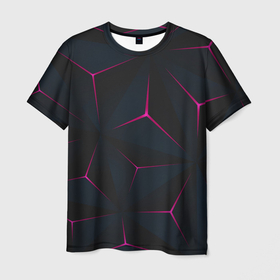 Мужская футболка 3D с принтом Неоновые углы На черном Фоне , 100% полиэфир | прямой крой, круглый вырез горловины, длина до линии бедер | angle | black | purple | red | triangles | красный | объемные фигуры | треугольники | угол | фиолетовые | черный