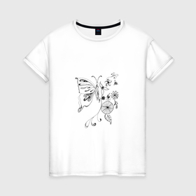 Женская футболка хлопок с принтом Бабочка дудлинг , 100% хлопок | прямой крой, круглый вырез горловины, длина до линии бедер, слегка спущенное плечо | flower | print | бабочка | вектор | принт | узор | цветок