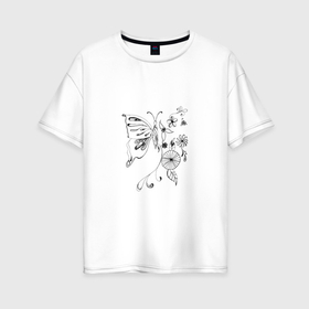 Женская футболка хлопок Oversize с принтом Бабочка дудлинг , 100% хлопок | свободный крой, круглый ворот, спущенный рукав, длина до линии бедер
 | flower | print | бабочка | вектор | принт | узор | цветок