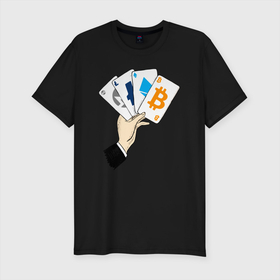 Мужская футболка хлопок Slim с принтом Криптовалютные карты в Петрозаводске, 92% хлопок, 8% лайкра | приталенный силуэт, круглый вырез ворота, длина до линии бедра, короткий рукав | btc | eth | ltc | monero | poker | tether | usdt | xmr | азарт | биткоин | биток | дро покер | игра | казино | карточная игра | карты | колесо | крипта | криптовалют | криптовалюта | лайткоин | покер | терн | трипс | утг | эфир