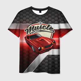 Мужская футболка 3D с принтом Muscle Красная  классика авто в Кировске, 100% полиэфир | прямой крой, круглый вырез горловины, длина до линии бедер | автомобиль | гонки | гоночная | классика | красное авто | машина | старая машина