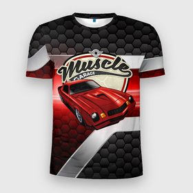 Мужская футболка 3D Slim с принтом Muscle Красная  классика авто в Новосибирске, 100% полиэстер с улучшенными характеристиками | приталенный силуэт, круглая горловина, широкие плечи, сужается к линии бедра | автомобиль | гонки | гоночная | классика | красное авто | машина | старая машина