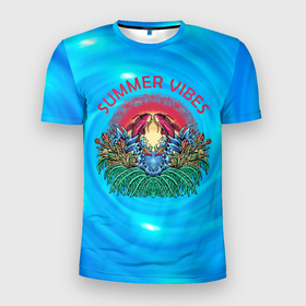Мужская футболка 3D Slim с принтом Summer vibes   Летнее настроение в Петрозаводске, 100% полиэстер с улучшенными характеристиками | приталенный силуэт, круглая горловина, широкие плечи, сужается к линии бедра | summer | жара | летний | лето | рыбы | солнце