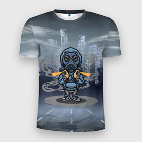 Мужская футболка 3D Slim с принтом Апокалипсис    Человек в противогазе в Новосибирске, 100% полиэстер с улучшенными характеристиками | приталенный силуэт, круглая горловина, широкие плечи, сужается к линии бедра | stalker | апокалипсис | конец света | противогаз | сталкер