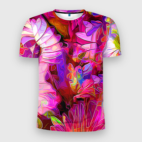 Мужская футболка 3D Slim с принтом Красочный цветочный паттерн   Floral pattern в Петрозаводске, 100% полиэстер с улучшенными характеристиками | приталенный силуэт, круглая горловина, широкие плечи, сужается к линии бедра | fashion | flowers | pattern | petal | лепесток | мода | узор | цветы