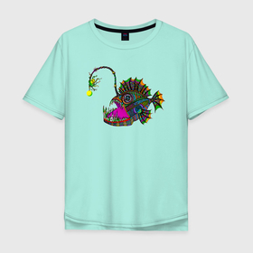 Мужская футболка хлопок Oversize с принтом Психоделический морской черт в Новосибирске, 100% хлопок | свободный крой, круглый ворот, “спинка” длиннее передней части | Тематика изображения на принте: angler fish | anglerfish | lophius | psychedelic | большие удильщики | медитация | метаморфоза | морская | морской черт | океаническая | очевидный | психоделика | психоделическая | рыба | рыбка | сознание | удильщик