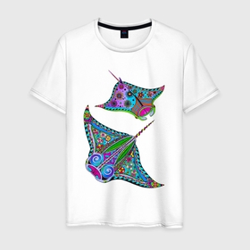 Мужская футболка хлопок с принтом Скаты с психоделической раскраской в Новосибирске, 100% хлопок | прямой крой, круглый вырез горловины, длина до линии бедер, слегка спущенное плечо. | batomorphi | psychedelic | slope | медитация | метаморфоза | морской | океанический | очевидный | психоделика | психоделическая | рыба | скат | сознание | цветная | яркая