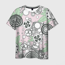 Мужская футболка 3D с принтом Абстрактные черно белые круги в зелёных листьях в Белгороде, 100% полиэфир | прямой крой, круглый вырез горловины, длина до линии бедер | абстрактные круги | геометрические круги | геометрические кружочки | геометрический узор | круги | круги и зелёные листья | кружочки | кружочки абстракционизм | узор из кругов