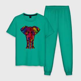 Мужская пижама хлопок с принтом Психоделически раскрашенный слон в Новосибирске, 100% хлопок | брюки и футболка прямого кроя, без карманов, на брюках мягкая резинка на поясе и по низу штанин
 | elephant | psychedelic | азиатский слон | лесной слон | медитация | метаморфоза | очевидный | психоделика | психоделическая | саванный слон | слон | слоник | слоновий | слоняра | сознание | цветная | элефант