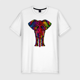 Мужская футболка хлопок Slim с принтом Психоделически раскрашенный слон в Белгороде, 92% хлопок, 8% лайкра | приталенный силуэт, круглый вырез ворота, длина до линии бедра, короткий рукав | elephant | psychedelic | азиатский слон | лесной слон | медитация | метаморфоза | очевидный | психоделика | психоделическая | саванный слон | слон | слоник | слоновий | слоняра | сознание | цветная | элефант