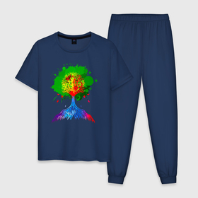 Мужская пижама хлопок с принтом Радужное дерево жизни в Тюмени, 100% хлопок | брюки и футболка прямого кроя, без карманов, на брюках мягкая резинка на поясе и по низу штанин
 | Тематика изображения на принте: psychedelic | rainbow tree of life | медитация | метаморфоза | очевидный | психоделика | психоделическая | сознание | цветная | яркая