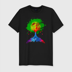 Мужская футболка хлопок Slim с принтом Радужное дерево жизни в Белгороде, 92% хлопок, 8% лайкра | приталенный силуэт, круглый вырез ворота, длина до линии бедра, короткий рукав | psychedelic | rainbow tree of life | медитация | метаморфоза | очевидный | психоделика | психоделическая | сознание | цветная | яркая