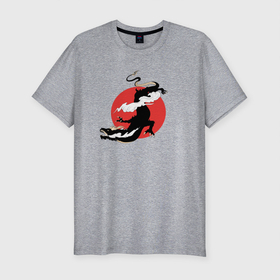 Мужская футболка хлопок Slim с принтом Чёрный дракон на фоне красного солнца в Новосибирске, 92% хлопок, 8% лайкра | приталенный силуэт, круглый вырез ворота, длина до линии бедра, короткий рукав | Тематика изображения на принте: азия | аниме | глитч | дракон из ан | драконы | змей | китайские облака | китайский дракон | китайский змей | китайский новый год | китайский стиль | красное солнце | облака | традиции азии