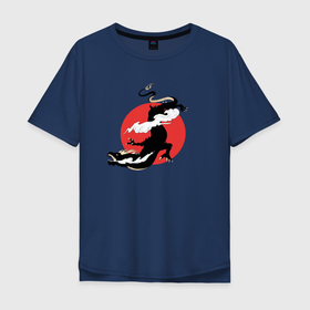 Мужская футболка хлопок Oversize с принтом Чёрный дракон на фоне красного солнца в Курске, 100% хлопок | свободный крой, круглый ворот, “спинка” длиннее передней части | азия | аниме | глитч | дракон из ан | драконы | змей | китайские облака | китайский дракон | китайский змей | китайский новый год | китайский стиль | красное солнце | облака | традиции азии
