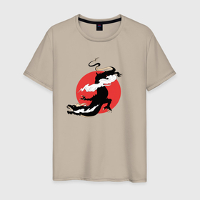 Мужская футболка хлопок с принтом Чёрный дракон на фоне красного солнца в Новосибирске, 100% хлопок | прямой крой, круглый вырез горловины, длина до линии бедер, слегка спущенное плечо. | азия | аниме | глитч | дракон из ан | драконы | змей | китайские облака | китайский дракон | китайский змей | китайский новый год | китайский стиль | красное солнце | облака | традиции азии