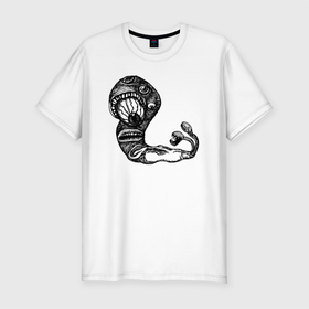 Мужская футболка хлопок Slim с принтом Самосознающий червь в Санкт-Петербурге, 92% хлопок, 8% лайкра | приталенный силуэт, круглый вырез ворота, длина до линии бедра, короткий рукав | psychedelic | self aware worm | глаз | метаморфоза | психоделика | психоделическая | самосознающий червь | сознание | червь | червяк