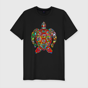 Мужская футболка хлопок Slim с принтом Психоделическая черепаха в Новосибирске, 92% хлопок, 8% лайкра | приталенный силуэт, круглый вырез ворота, длина до линии бедра, короткий рукав | psychedelic | медитация | метаморфоза | очевидный | психоделика | психоделическая | сознание | цветная | черепаха | черепаший | черепашка | яркая