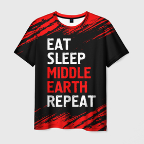 Мужская футболка 3D с принтом Eat Sleep Middle Earth Repeat | Краски в Кировске, 100% полиэфир | прямой крой, круглый вырез горловины, длина до линии бедер | Тематика изображения на принте: earth | eat sleep middle earth repeat | logo | middle | ерс | игра | игры | краска | лого | логотип | мидл | символ