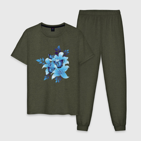 Мужская пижама хлопок с принтом Синие цветы (blue flowers) в Курске, 100% хлопок | брюки и футболка прямого кроя, без карманов, на брюках мягкая резинка на поясе и по низу штанин
 | blue | flowers | арт | бабочка | бабочки | красивый | синие | синий | цветок | цветы