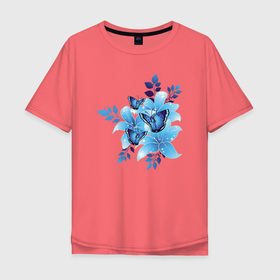 Мужская футболка хлопок Oversize с принтом Синие цветы (blue flowers) в Петрозаводске, 100% хлопок | свободный крой, круглый ворот, “спинка” длиннее передней части | Тематика изображения на принте: blue | flowers | арт | бабочка | бабочки | красивый | синие | синий | цветок | цветы