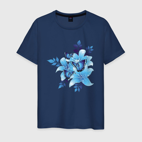 Мужская футболка хлопок с принтом Синие цветы (blue flowers) в Петрозаводске, 100% хлопок | прямой крой, круглый вырез горловины, длина до линии бедер, слегка спущенное плечо. | blue | flowers | арт | бабочка | бабочки | красивый | синие | синий | цветок | цветы